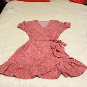 Pink and white polka-dotted flouncy dress, side tie, XL